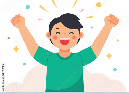 A cheerful child with raised arms celebrates triumph in a burst of colorful confetti.