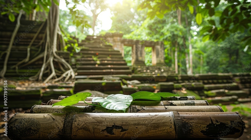 Close-up of bamboo stalks with leaves in foreground, ancient stone ruins overgrown with vines in background. Close-up of bamboo stalks with leaves in foreground, ancient stone ruins overgrown with vines in background.