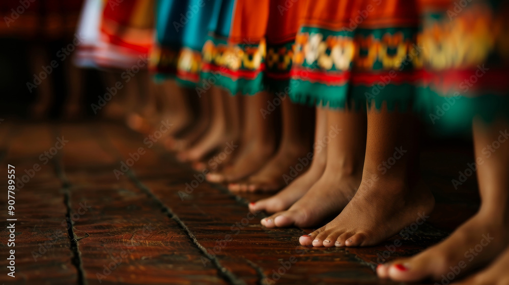 Obraz premium Bare feet of dancers in traditional clothing line up on a wooden floor.