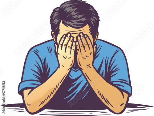 A person sits with their head in their hands, clearly feeling overwhelmed and distressed in a simple environment.