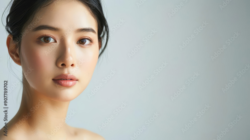 Naklejka premium Close-up portrait of a beautiful young Asian woman with clear skin.