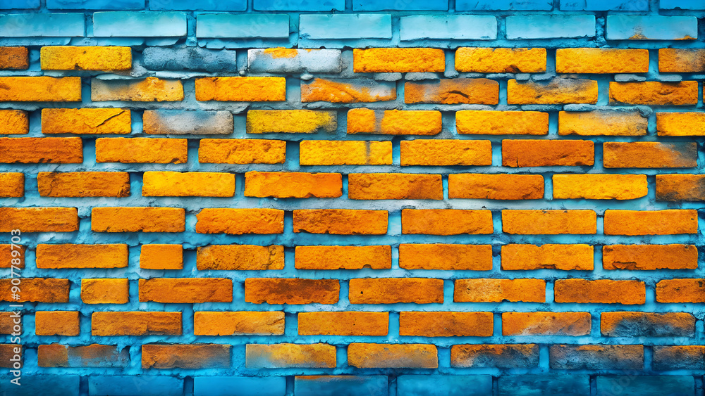 Fototapeta premium A vibrant brick wall background painted in bright yellow and blue. The contrasting colors and textured bricks create a bold, modern, and eye-catching look, perfect for creative and dynamic projects.