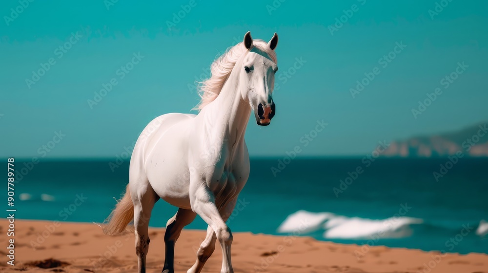 White horse running on sandy beach with ocean in background. White horse running on sandy beach with ocean in background.