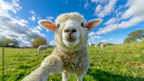 A fluffy lamb with a bright, cheerful expression extends its tiny legs towards the camera, taking a delightful selfie with a fish-eye lens and a looped background that is not very blurry