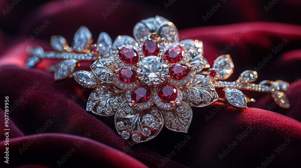  Elegant diamond brooch set against a plush velvet back 