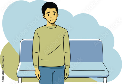 A young man appears thoughtful and introspective while standing in a cozy living space.
