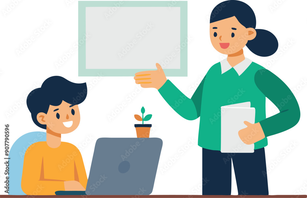 A teacher facilitates a lesson as a student attentively works on a laptop, fostering a collaborative learning environment. A teacher facilitates a lesson as a student attentively works on a laptop, fostering a collaborative learning environment.