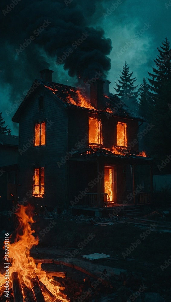 a house burning in the night. a house burning in the night.