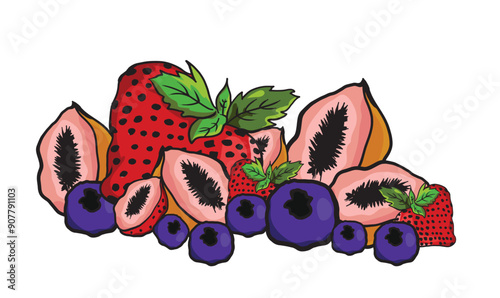 Sliced ​​papaya and whole strawberries and blueberries lying on gradient background