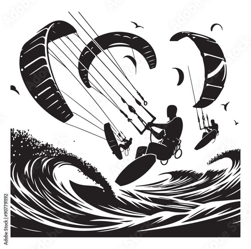 Kitesurfing Kite Surfing silhouette vector on white background.