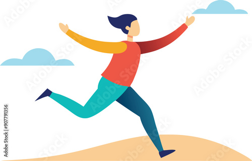A cheerful individual is running on a sandy terrain with light clouds above, embodying joy and freedom.
