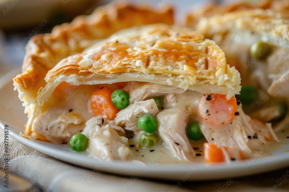 A close-up of a slice of chicken pot pie, showing the rich, creamy filling with chunks of chicken, carrots, and peas A close-up of a slice of chicken pot pie, showing the rich, creamy filling with chunks of chicken, carrots, and peas