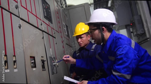 Electrical maintenance engineers are inspecting 
Main power distribution panel cabinet and check the electrical power value and write it down on the clipboard