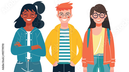 Three young adults smiling confidently, presumably friends, standing together. African American woman, Caucasian redhead man, Asian woman, casual clothing. Diverse, cheerful, stylish students