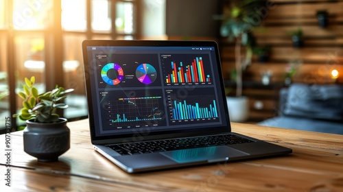 Business analytics dashboard on a laptop, displaying key metrics, graphs, and data insights with copy space