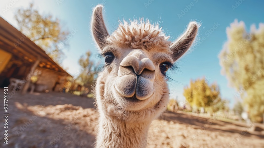 Obraz premium A baby llama with fluffy fur and a happy smile stretches its neck out towards the camera, capturing a delightful selfie with a fish-eye lens and a looped background that is not very blurry