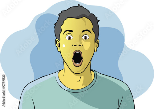 A young man with an open mouth shows surprise and astonishment in a vibrant vector illustration.