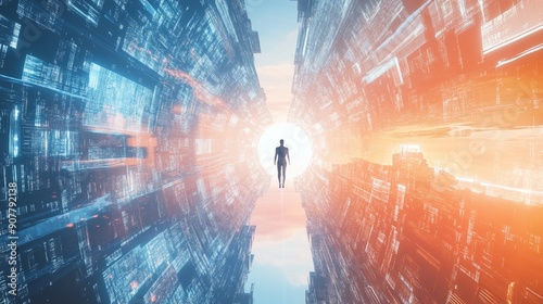 分割画面効果：別の世界をつなぐ量子トンネル、未来的な都市景観、コピースペース