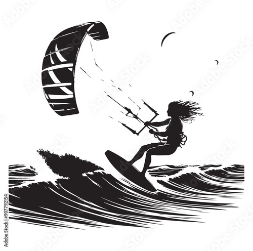 Kitesurfing Kite Surfing silhouette vector on white background.