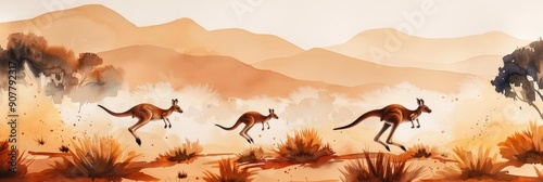 Three kangaroos hopping through the Australian outback. photo