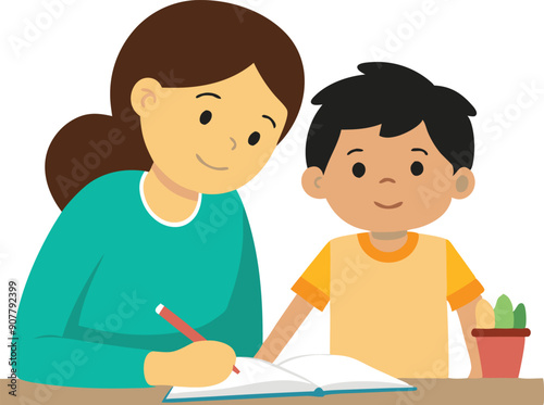 A mother assists her son with his homework while sitting at a table in a bright indoor space.