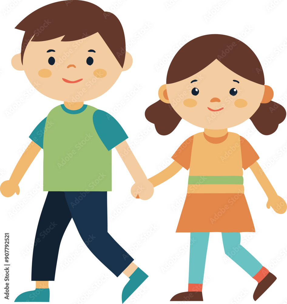 Two joyful children are walking hand in hand, smiling brightly under a clear sky. Two joyful children are walking hand in hand, smiling brightly under a clear sky.