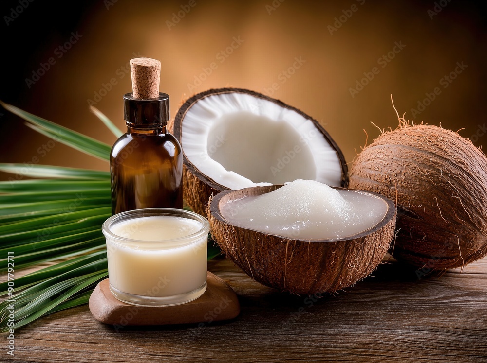 Coconut oil and soap on a wooden table with coconut fruits, palm leaves and a brown background Coconut oil and soap on a wooden table with coconut fruits, palm leaves and a brown background