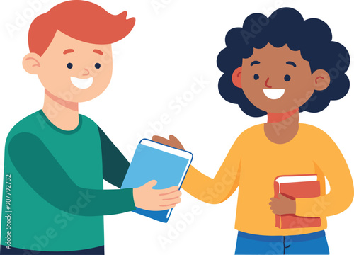 Children happily exchange books, fostering a love for reading and friendship in a cheerful classroom environment.