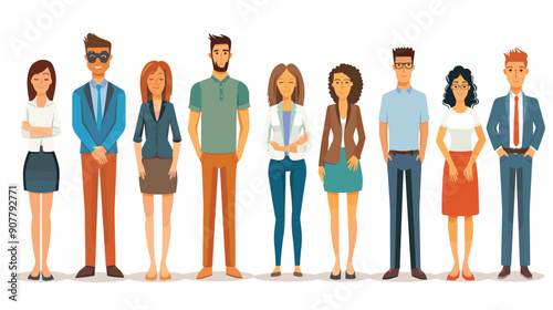 Group diverse cartoon people standing side side, smiling confidently, dressed casual business attire. Professional male female characters, various ethnicities, office team, fulllength portrait