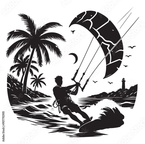 Kitesurfing Kite Surfing silhouette vector on white background.