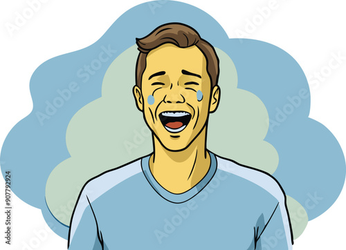 A young man expresses pure joy while laughing, tears of happiness streaming down his cheeks.
