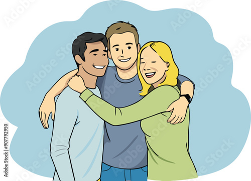Three friends share a joyful moment, embracing each other and smiling in a lighthearted atmosphere.