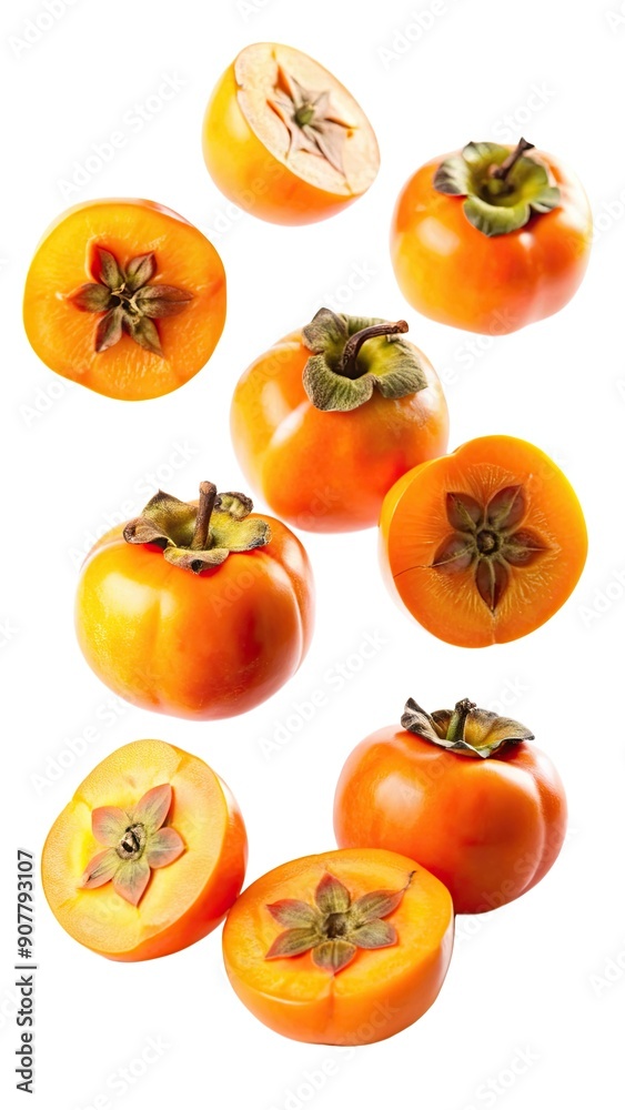 Fototapeta premium A Group of Whole and Sliced Persimmon Fruit Against a White Background