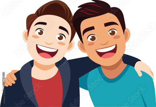 Two friends smile joyfully with arms around each other, radiating warmth and camaraderie in a lively atmosphere.