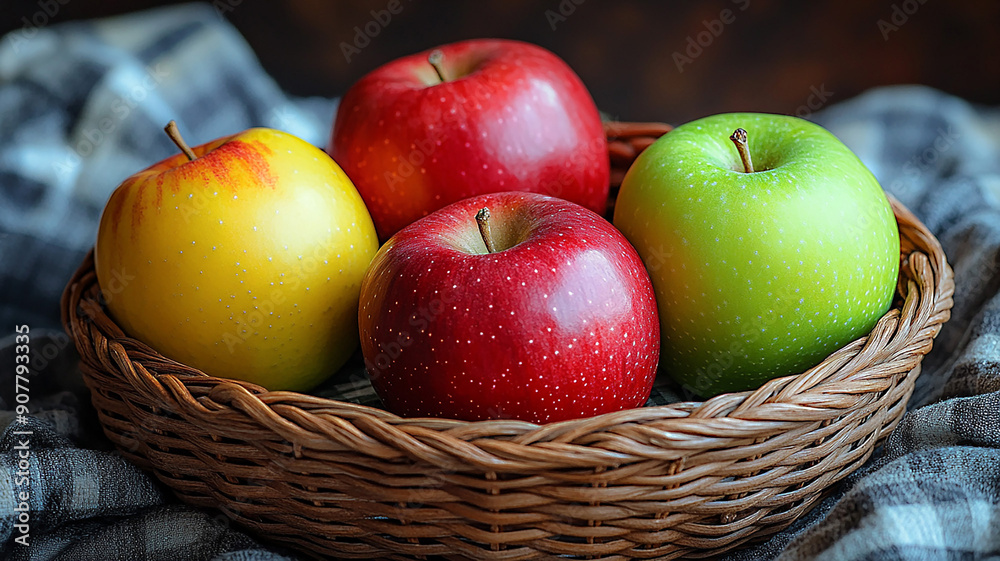 High-resolution image of an apple basket with red, green, and yellow apples on a picnic blanket High-resolution image of an apple basket with red, green, and yellow apples on a picnic blanket