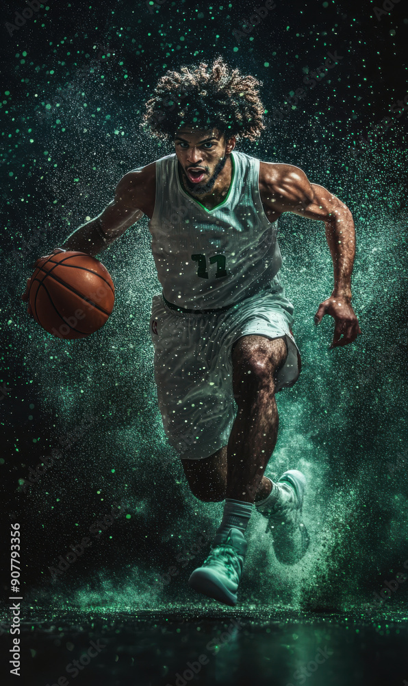 Fototapeta premium Basketball player, isolated on a black background full of glitter pixie dust in the air.