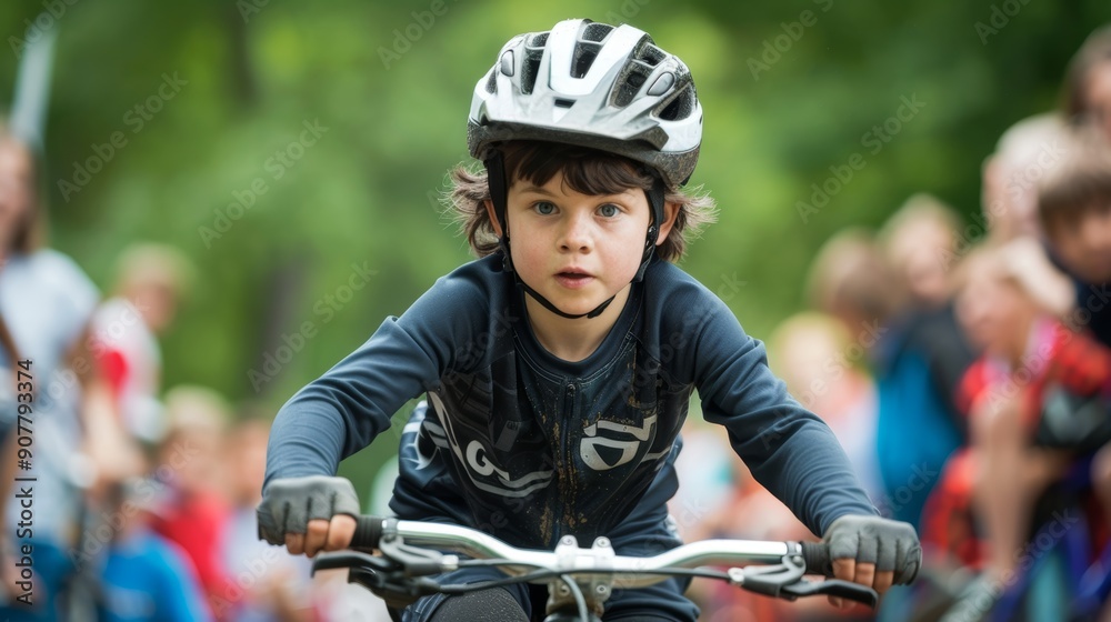Determined Child Riding Bike in Sports Event with Cheerful Crowd and Finish Line Ahead Determined Child Riding Bike in Sports Event with Cheerful Crowd and Finish Line Ahead
