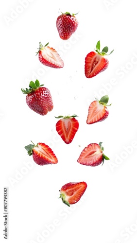 Fresh Red Strawberries Falling Against a White Background