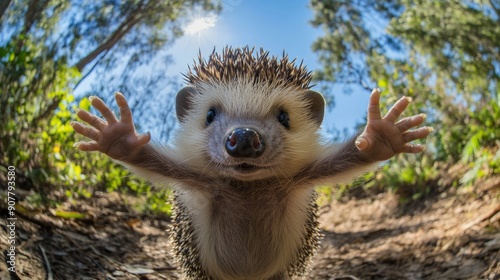 A baby hedgehog with tiny paws and a cute smile stretches out towards the camera, capturing a charming selfie with a fish-eye lens and a looped background that is not very blurry