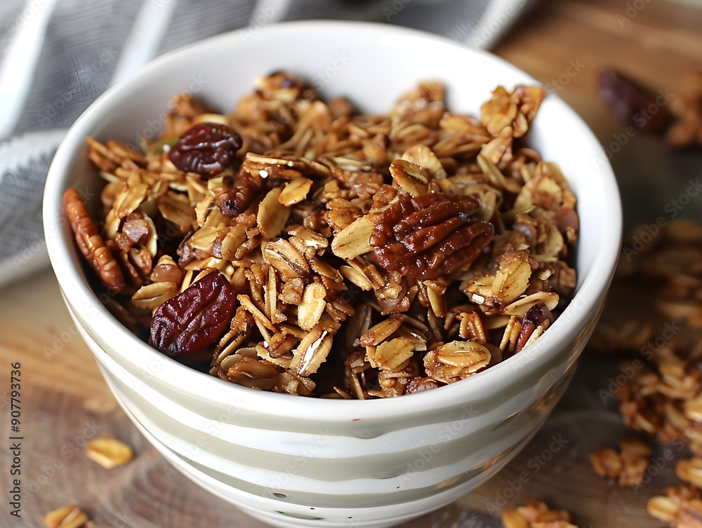 Close-Up of Golden-Brown Granola Bowl Filled with Rolled Oats, Pecans, and Raisins in Elegant Modern Design - Perfectly Baked Healthy Breakfast Option in Earthy Tones Close-Up of Golden-Brown Granola Bowl Filled with Rolled Oats, Pecans, and Raisins in Elegant Modern Design - Perfectly Baked Healthy Breakfast Option in Earthy Tones