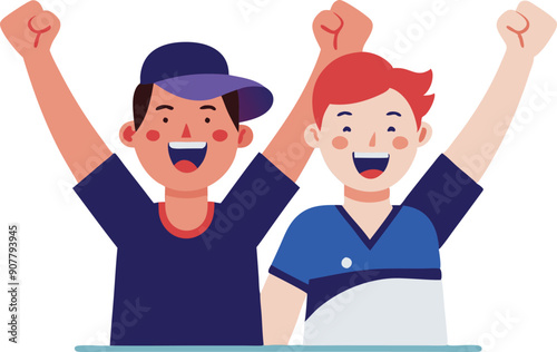 Two friends express excitement and joy with raised arms, celebrating a victorious moment together.