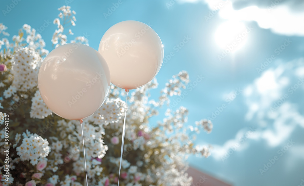 Day time white wedding tent and beautiful sky two white baloons in sky Day time white wedding tent and beautiful sky two white baloons in sky