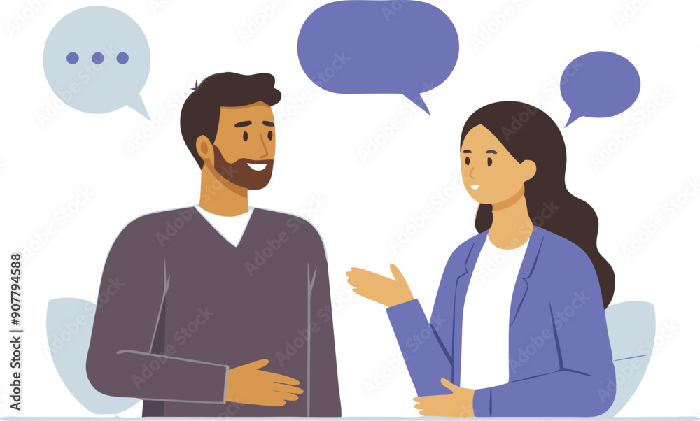 A man and woman conversing with speech bubbles above their heads. A man and woman conversing with speech bubbles above their heads.