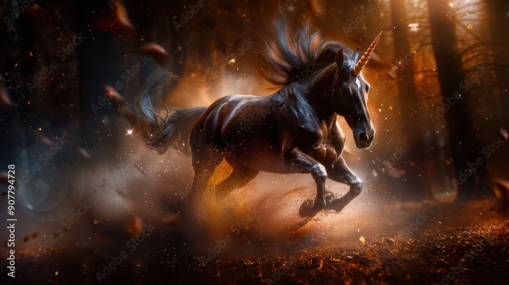 A black unicorn is running through a forest with orange leaves A black unicorn is running through a forest with orange leaves