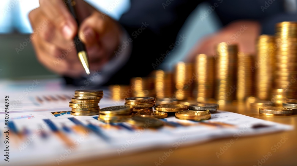 Gold coins currency stacked on financial business report diagram paper inside office