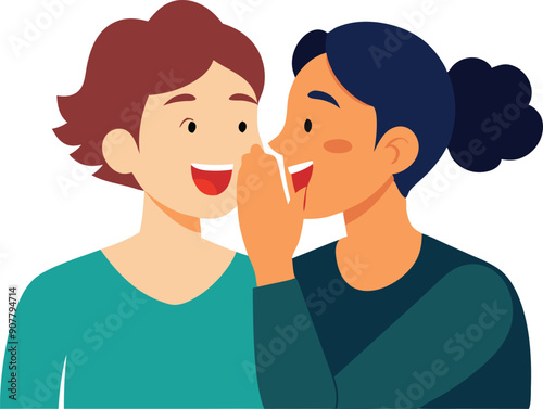 Two women share a secret, one laughing joyfully while they whisper to each other, capturing a moment of friendship.
