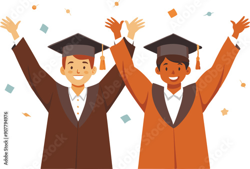 Two graduates in caps and gowns celebrate their achievement with joyful expressions and raised arms.