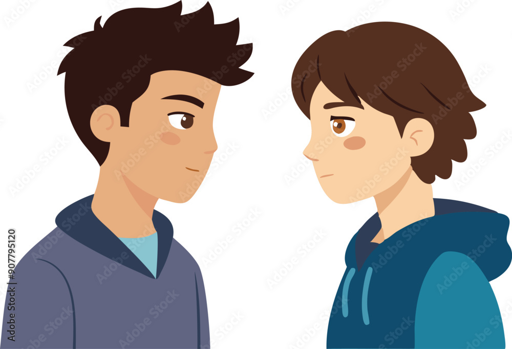 Two cartoon boys look at each other, showcasing a moment of concentration and friendship between them. Two cartoon boys look at each other, showcasing a moment of concentration and friendship between them.