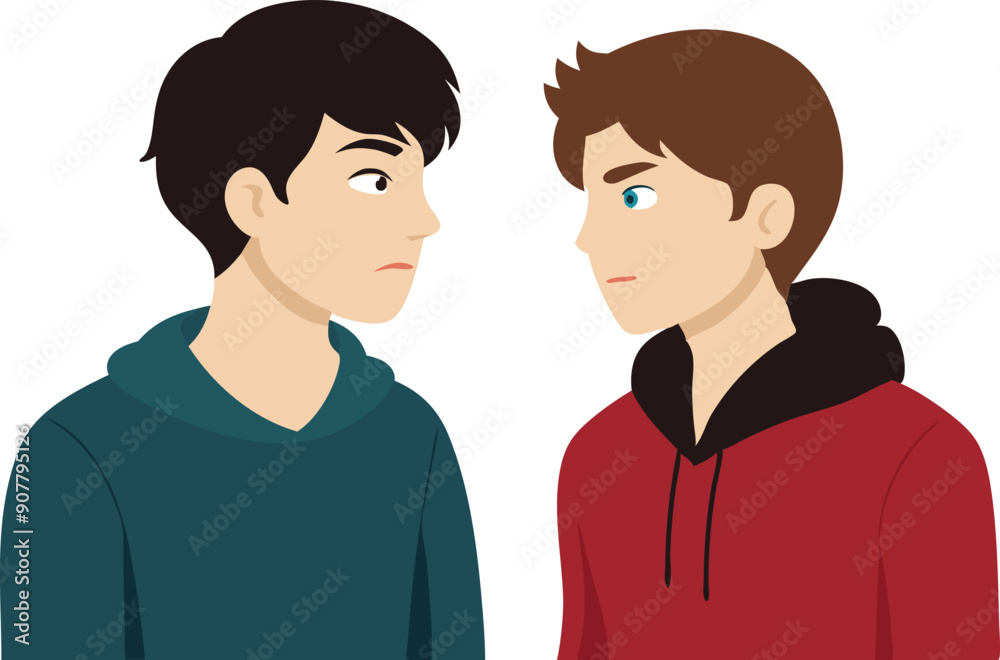Two young men maintain a serious gaze while engaging in a deep conversation. Two young men maintain a serious gaze while engaging in a deep conversation.