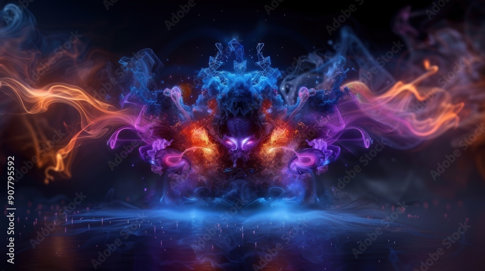 A colorful explosion of smoke and fire with a blue and orange head A colorful explosion of smoke and fire with a blue and orange head